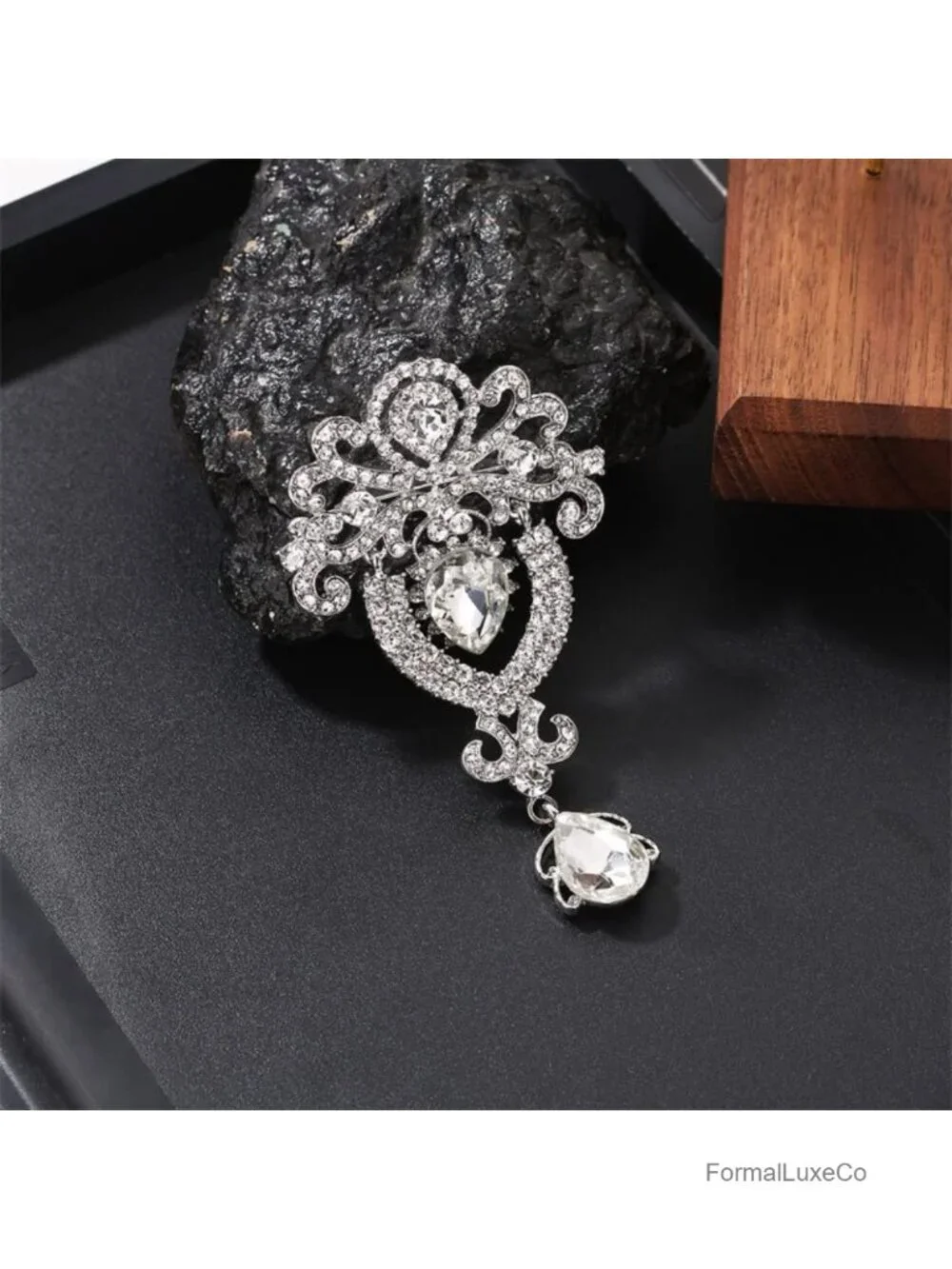 Oversized Teardrop Crystal Dangle Vintage Filigree Floral Brooch Pin for Women